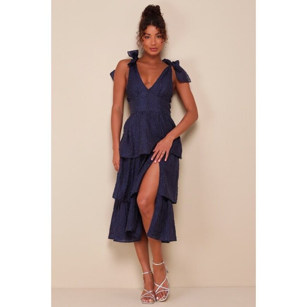 Lulus Blissful Direction Navy Tie-strap Clip Dot Bustier Midi Dress Blue